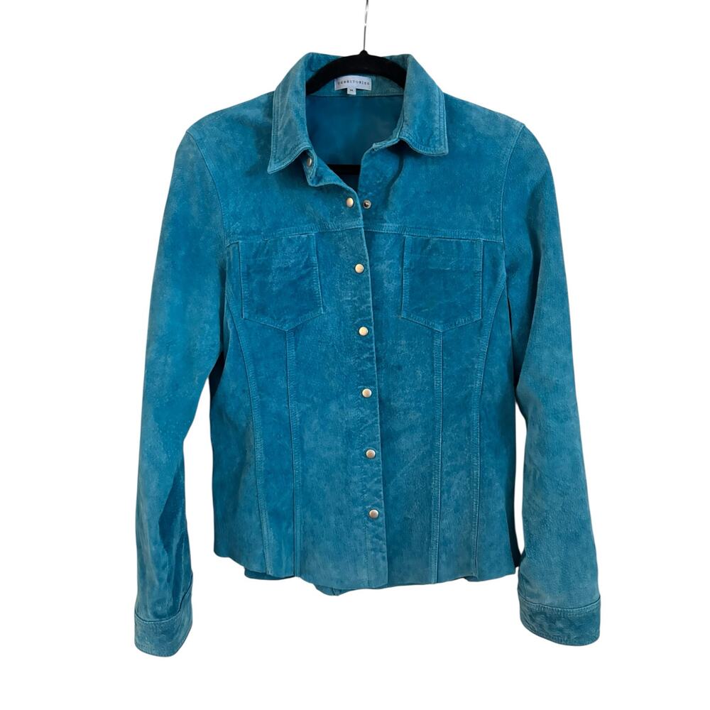 Vintage Territories Women’s 100% Leather Teal Jacket Snap Button Size Medium